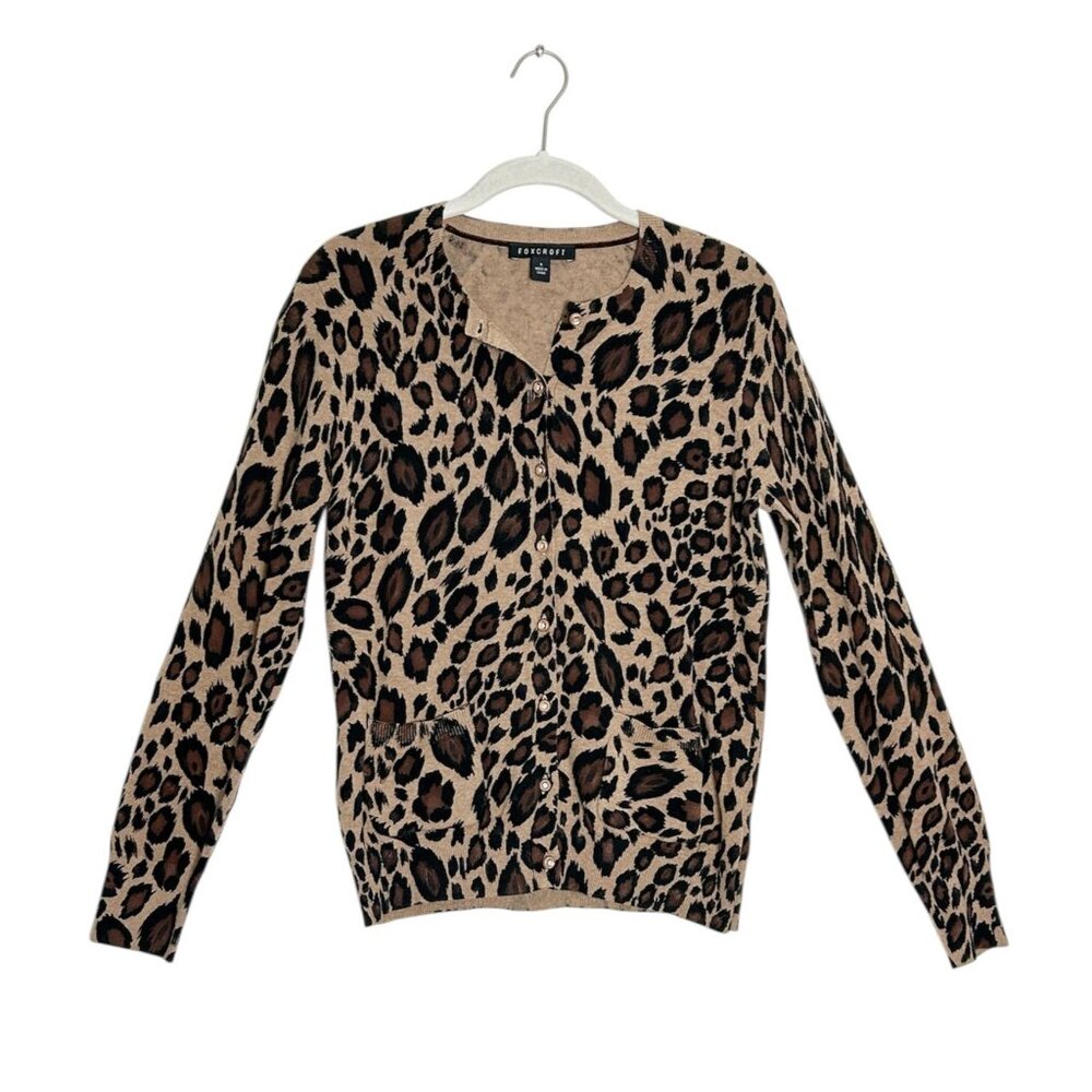 Foxcroft Cotton Long Sleeve Button Cardigan in Leopard - Sz S